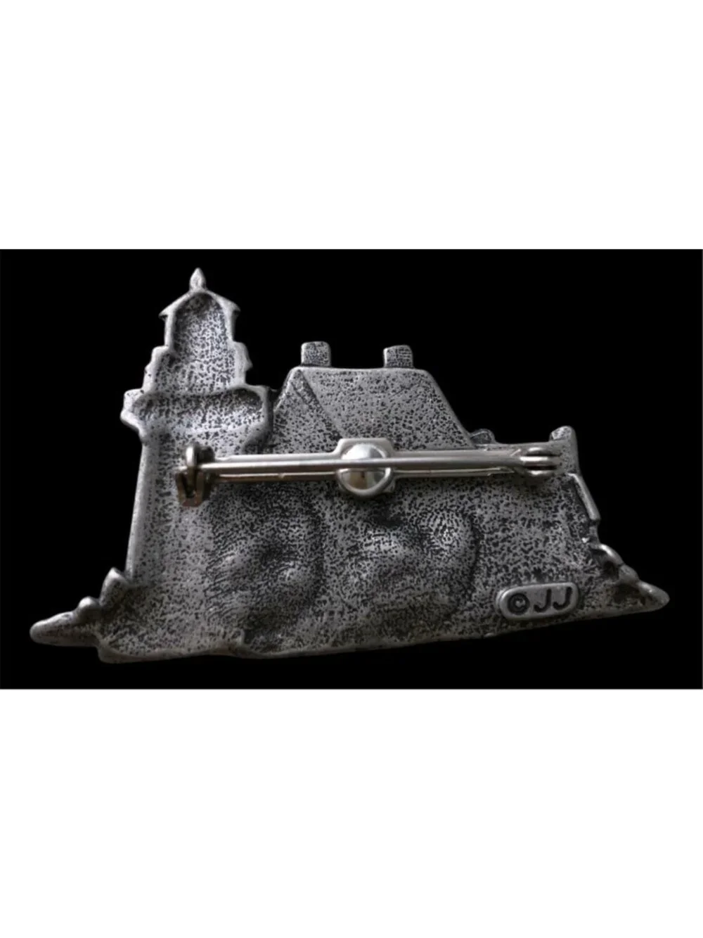 JJ Jonette Guiding Light Lighthouse Cottage Pin Brooch Pewter Signed 1 3/4